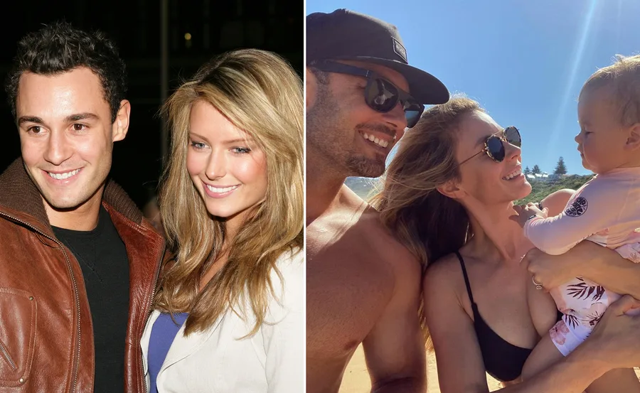 Young couple smiling at an event; same couple enjoying a beach day with their baby.