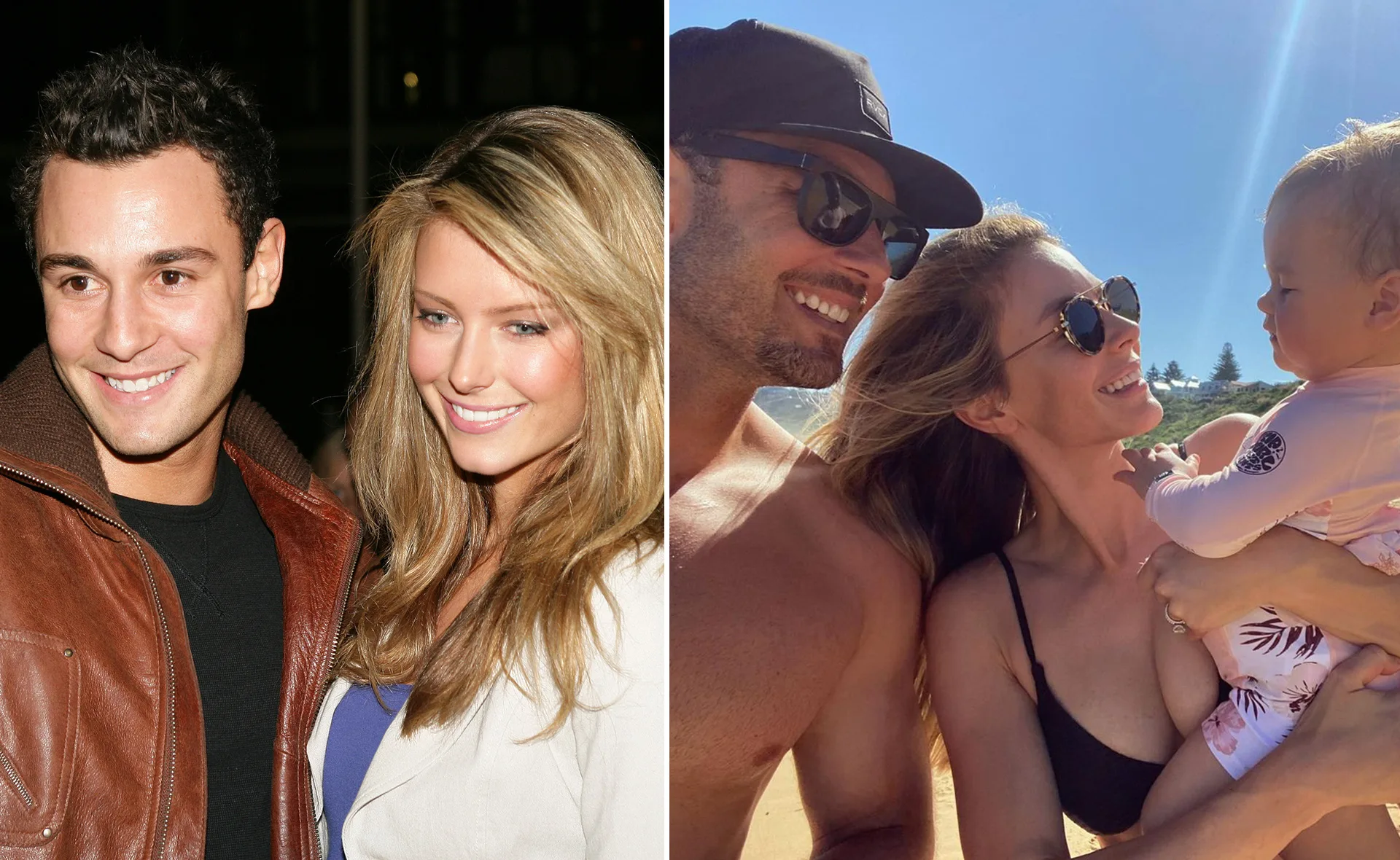 Young couple smiling at an event; same couple enjoying a beach day with their baby.
