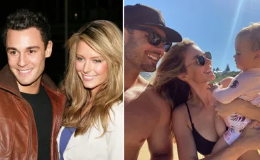 Young couple smiling at an event; same couple enjoying a beach day with their baby.