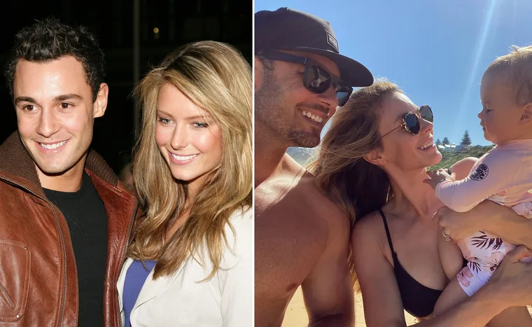 Young couple smiling at an event; same couple enjoying a beach day with their baby.