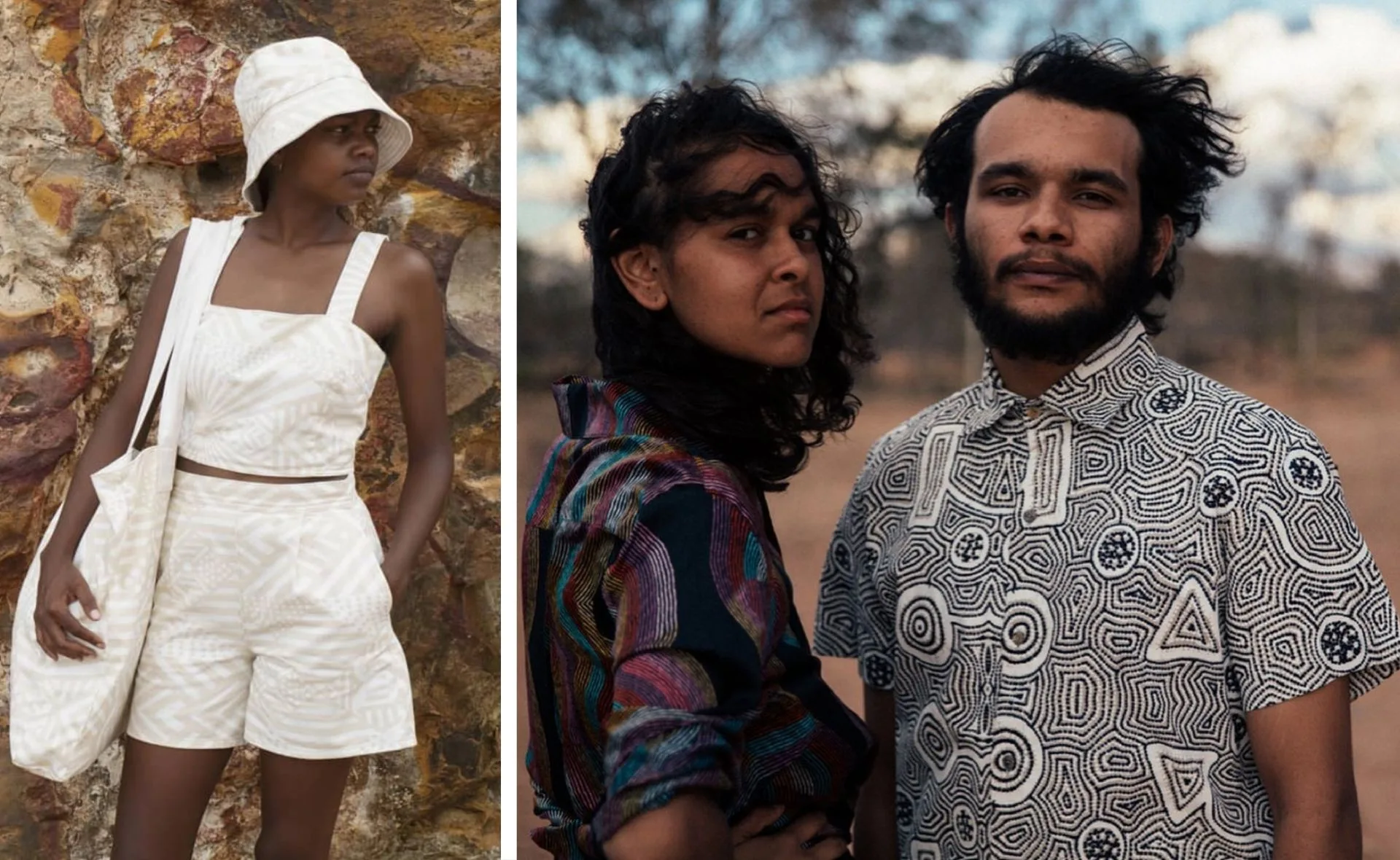 "Two images showcasing Indigenous fashion: a woman in a patterned outfit and a couple in artistic shirts in natural settings."