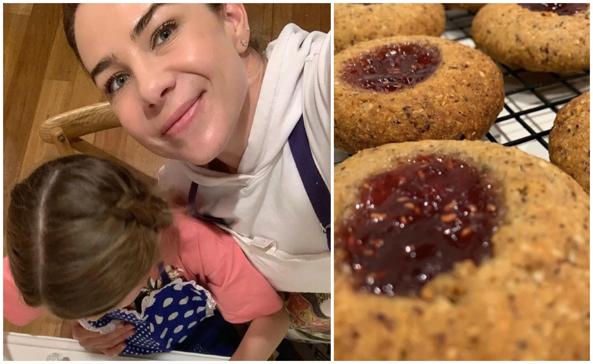 A woman and child baking together; freshly baked cookies with jam on a cooling rack.
