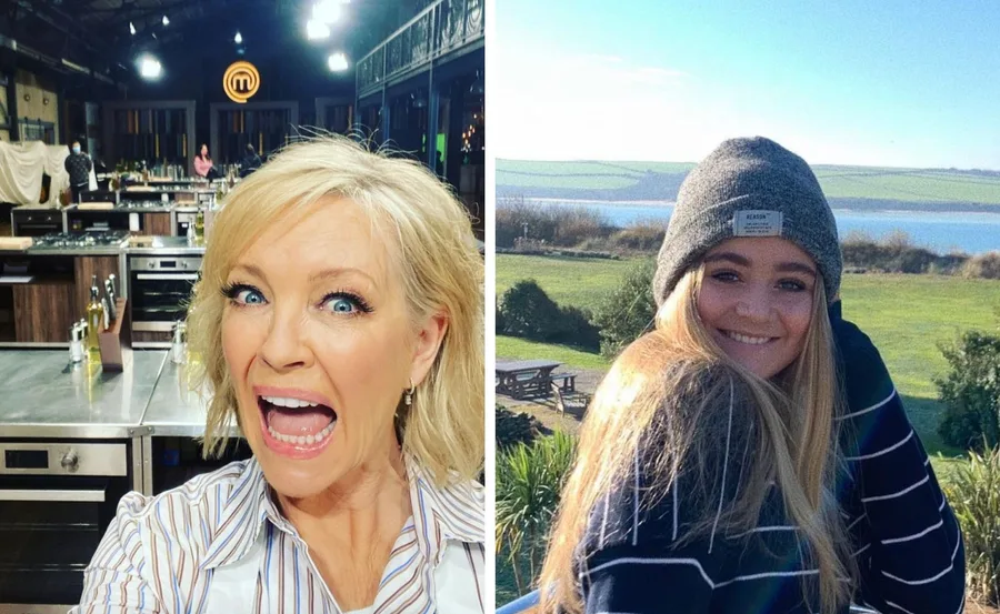 Two women smiling; one in a MasterChef kitchen, and the other outdoors wearing a beanie by a scenic view.