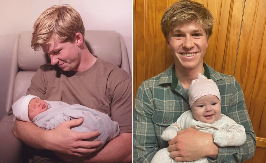 A man holding a newborn in a hospital room (left) and smiling with a baby in casual attire (right).