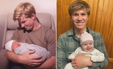 A man holding a newborn in a hospital room (left) and smiling with a baby in casual attire (right).