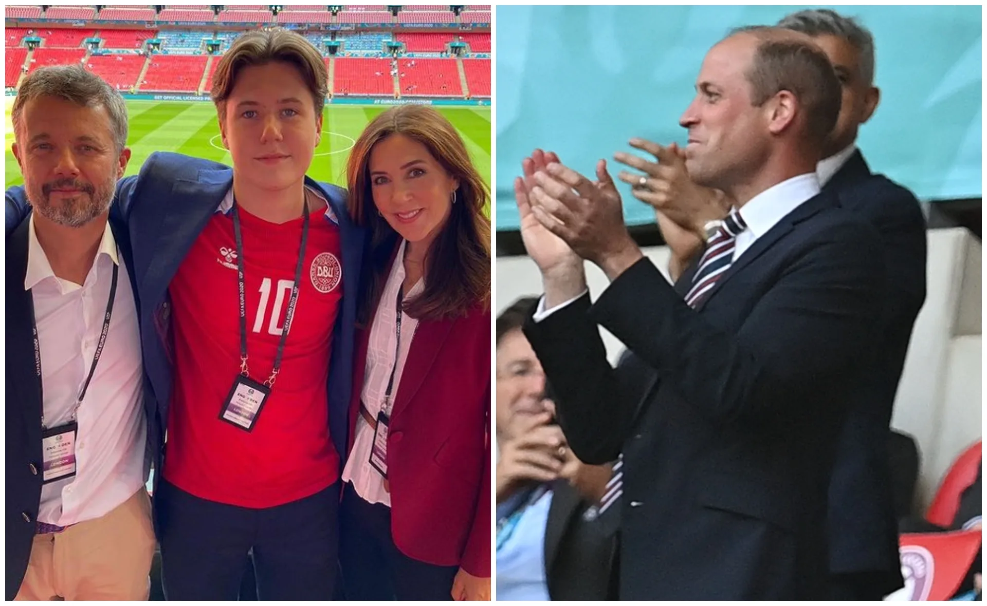 Royals watching soccer match: three people pose together in stadium, another man claps in a separate image.