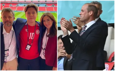 Royals watching soccer match: three people pose together in stadium, another man claps in a separate image.