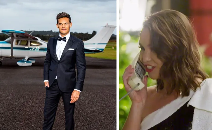 Man in tuxedo stands by a plane; woman talks on a vintage phone. Scene from The Bachelor 2021.