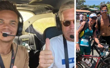 "Two images side by side: left shows two men in a cockpit; right shows a triathlete woman with a man beside her."