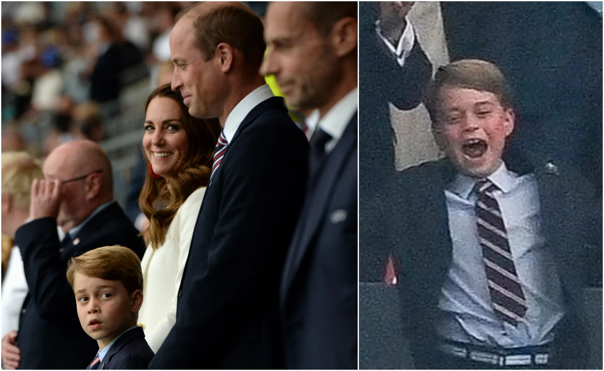 A young boy, possibly Prince George, celebrates at a sports event, dressed in a suit alongside family members.