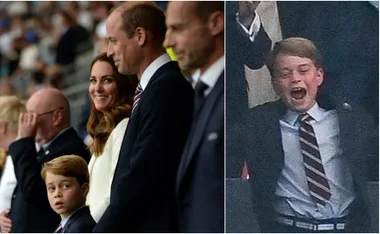 A young boy, possibly Prince George, celebrates at a sports event, dressed in a suit alongside family members.