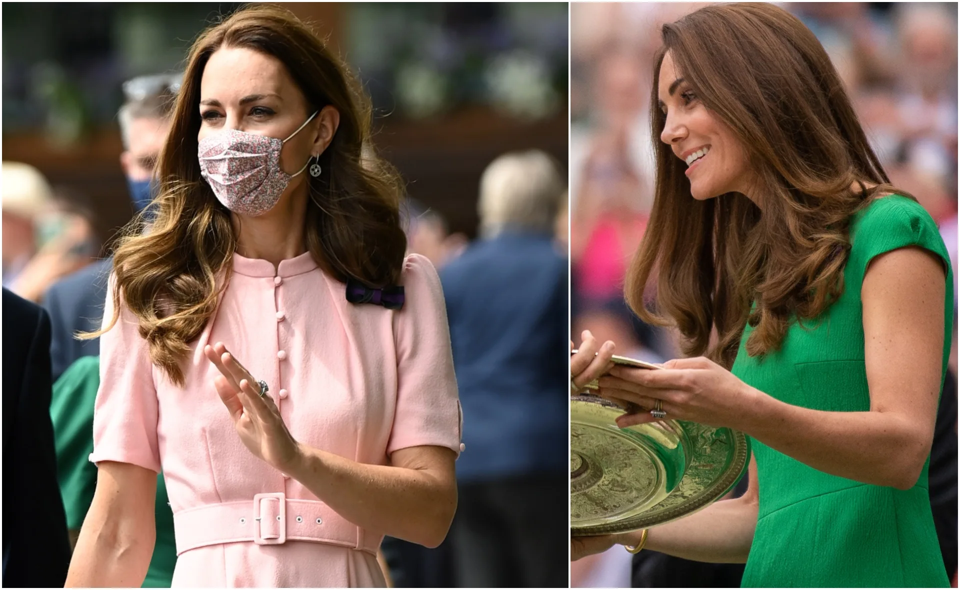 Kate Middleton at Wimbledon 2021 in pink dress, floral mask, and green dress presenting a trophy.