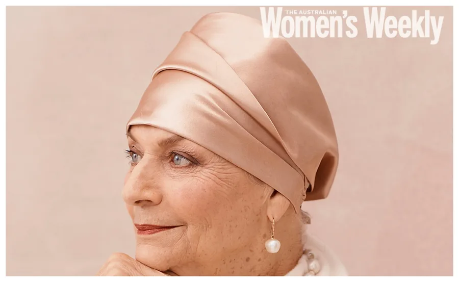 Elderly woman wearing a silk headscarf and pearl earring, gazing slightly left, featured in Australian Women's Weekly.