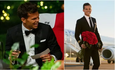 A man in a suit, smiling and holding a glass and card, next to him in another scene, standing with roses by an airplane.