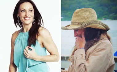 Two images: woman in a blue dress smiling; woman in a hat, pensive near a lake.