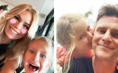 Two selfies showing a woman and a girl smiling and a man with a girl kissing his cheek.