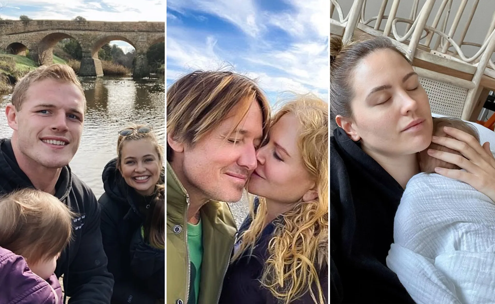 Celebrities with family in scenic outdoors and cozy indoor moments; highlighting privacy without showing children's faces.