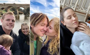 Celebrities with family in scenic outdoors and cozy indoor moments; highlighting privacy without showing children's faces.