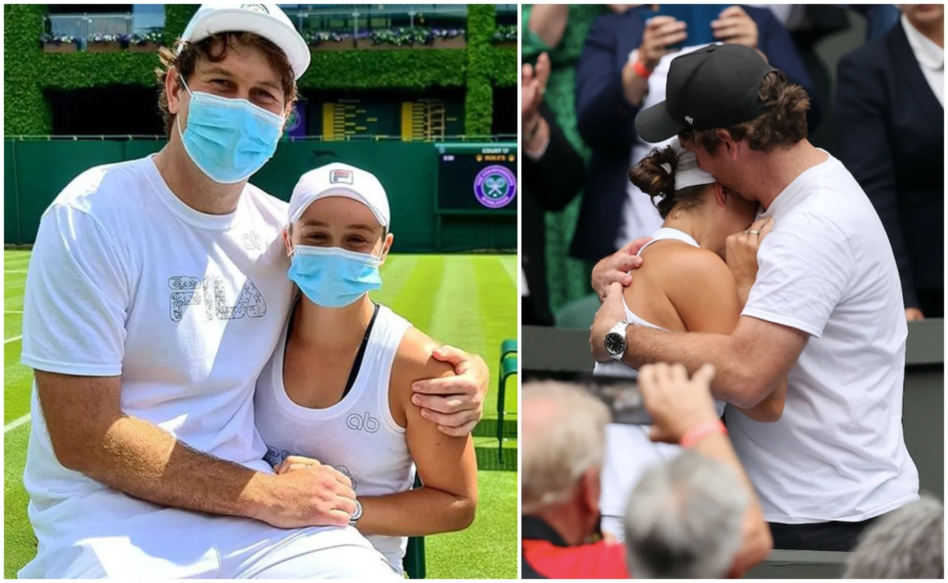 Two images: a couple sitting on a tennis court wearing masks, and the same couple embracing emotionally in a crowd.