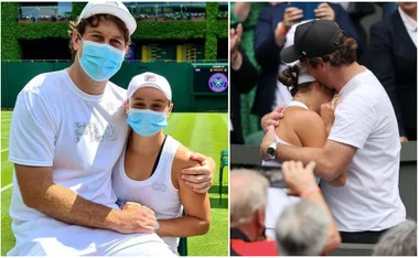 Two images: a couple sitting on a tennis court wearing masks, and the same couple embracing emotionally in a crowd.