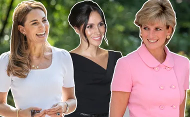 Three women smiling: one in a white top, another in a black dress, and the third in a pink outfit.