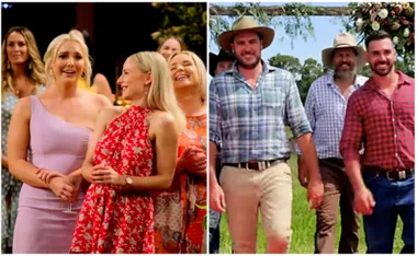 Group of smiling women on the left and men in casual wear on the right, outdoors with greenery.
