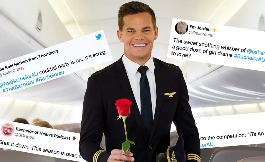 Man in pilot uniform holding a rose with superimposed tweets about "The Bachelor."