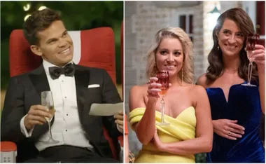 A man in a tuxedo smiles while holding a champagne glass; two women in evening dresses toast with wine glasses.