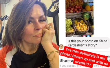 Lisa Wilkinson looking pensive, with a screenshot of a Khloe Kardashian-related message about a fruit photo.