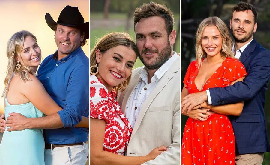 Couples from "Farmer Wants a Wife" reunion, each posing affectionately outdoors.