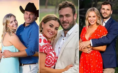 Couples from "Farmer Wants a Wife" reunion, each posing affectionately outdoors.