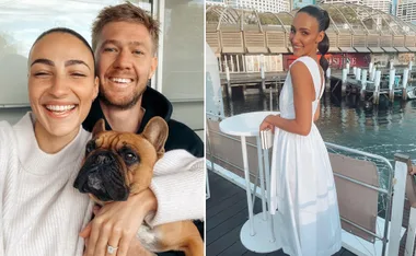 Couple smiling with a dog, and woman in white dress by the waterfront.