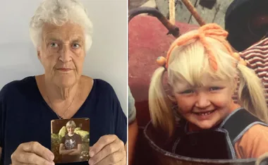 Elderly woman holding photo of a young girl next to an old photo of a smiling blonde child with pigtails.