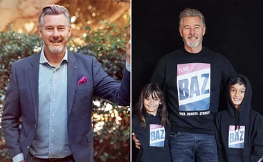 Man in suit smiling outdoors; same man in "Team Baz" shirt with two kids in similar hoodies.