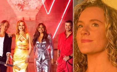 The Voice Australia 2021 coaches posing together; Sofia Watt smiling in separate photo.