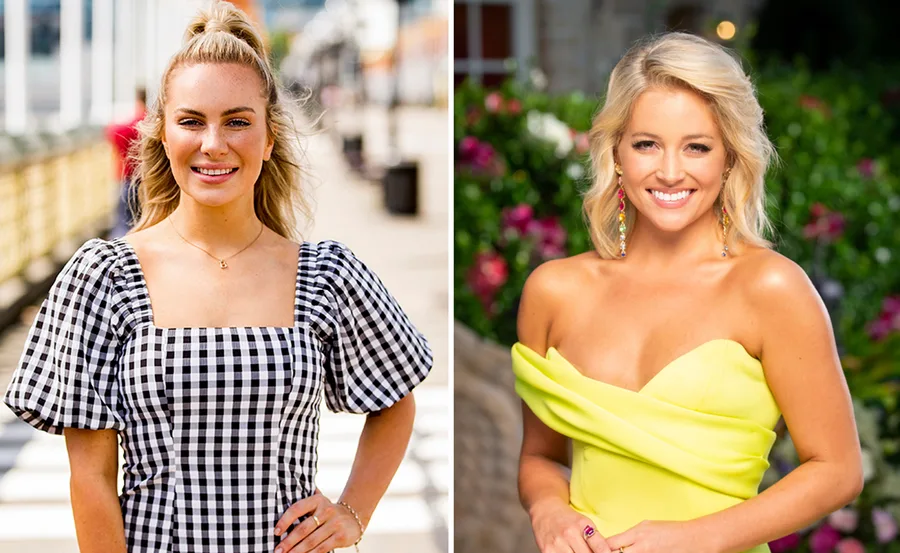 Two women smiling; left in a checkered dress, right in a yellow dress with floral earrings, outdoor backgrounds.