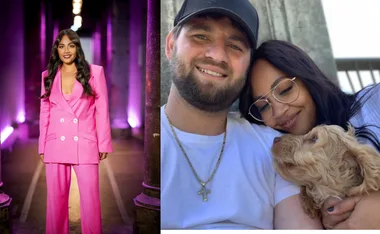 Person in a bright pink suit stands confidently; on the right, two people smiling with a dog.
