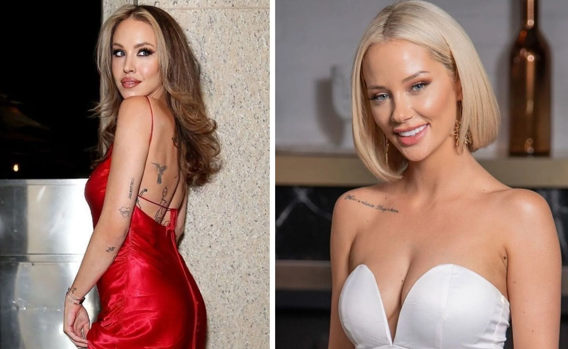 Two women posing in glamorous dresses, one in red with tattoos, the other in white, smiling.