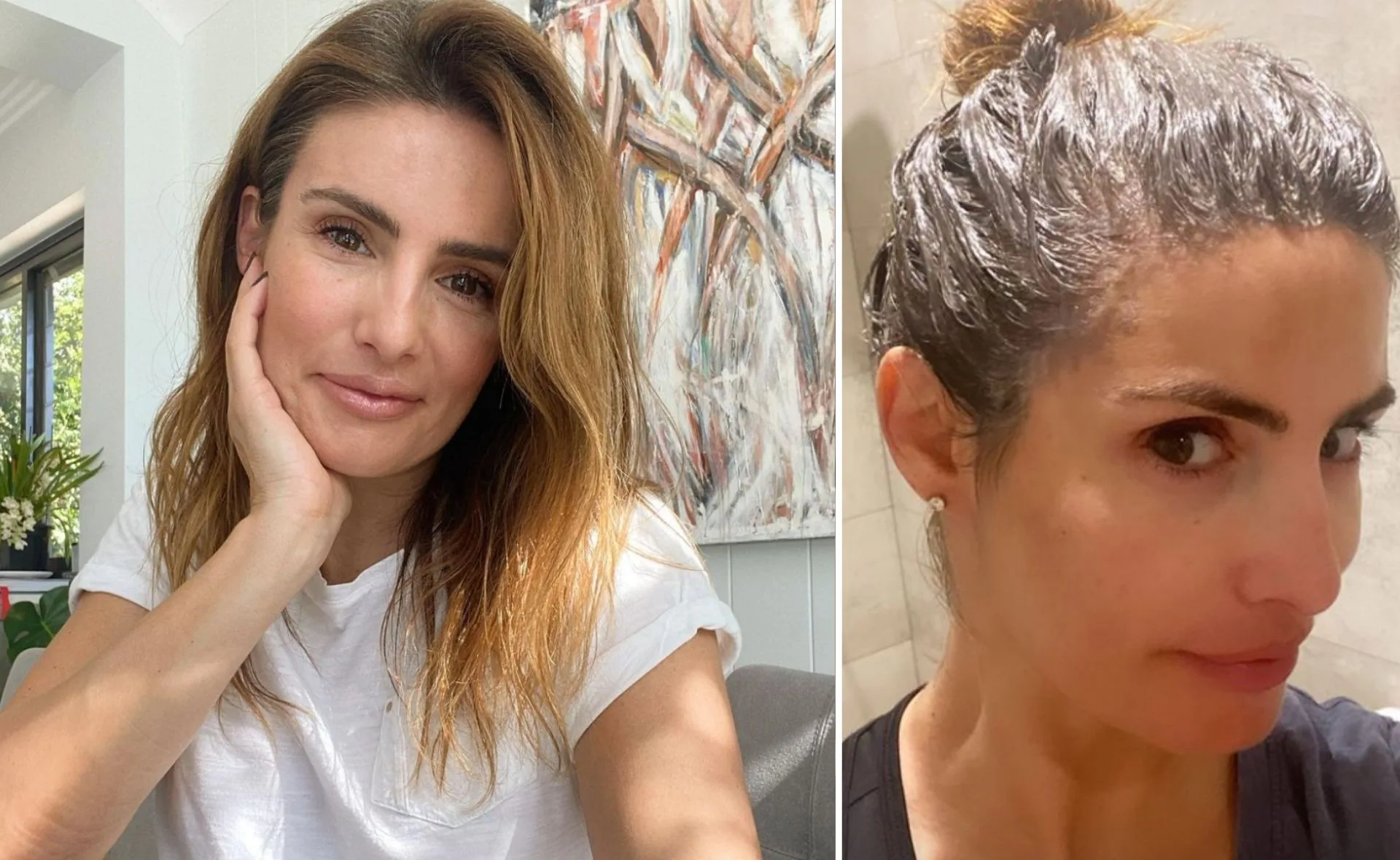 Two side-by-side images of a woman: left with styled hair, right with hair in a bun and what appears to be dye.