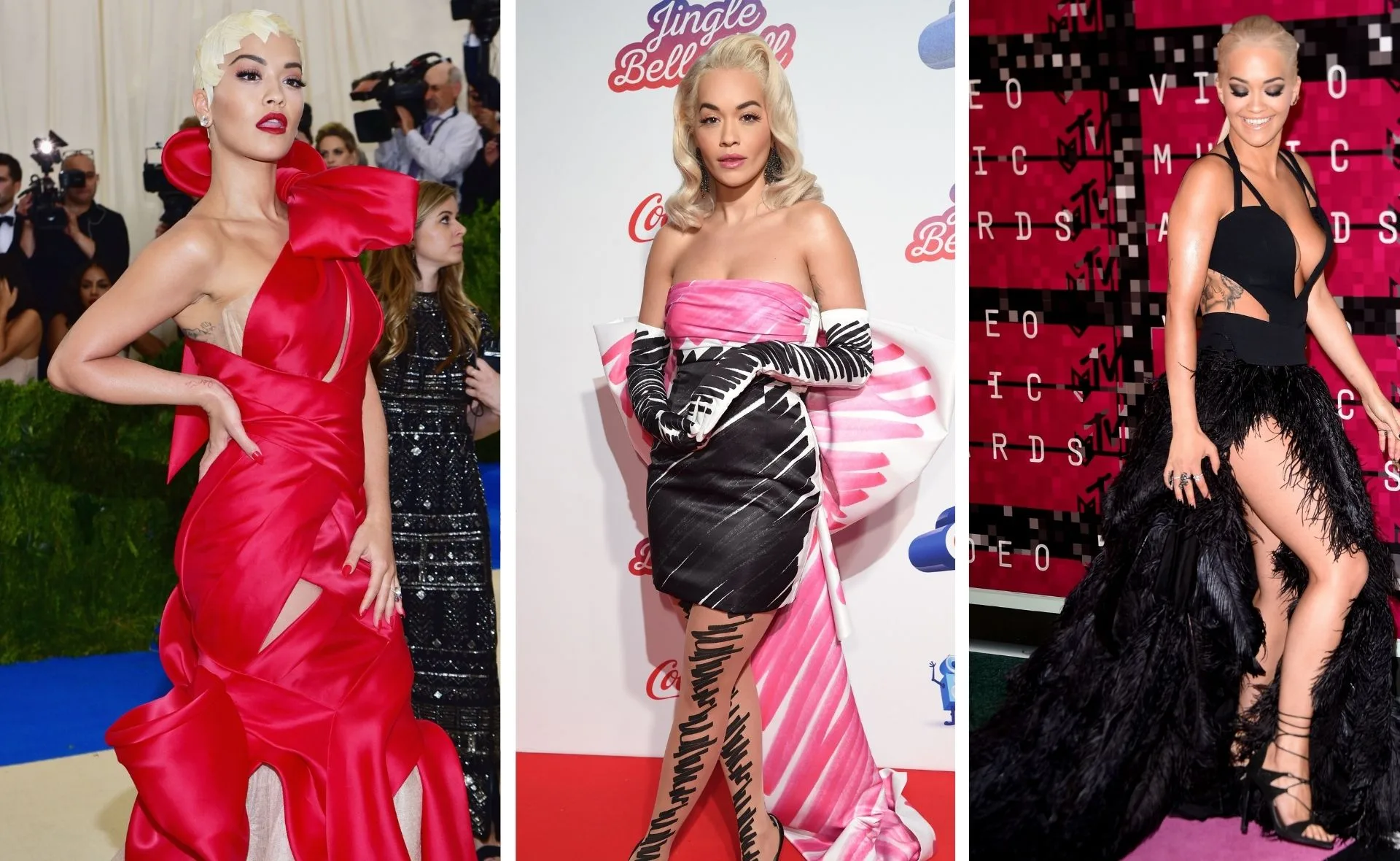 Rita Ora in three vibrant red carpet outfits: red gown, pink-black ensemble, and black feathered dress at various events.