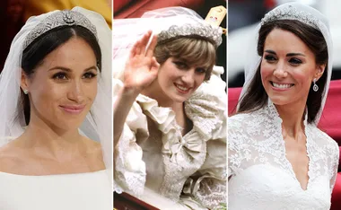 Three brides each wearing a different royal tiara on their wedding day.
