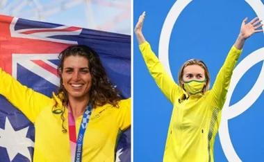 Australian female athletes celebrate winning gold at the Tokyo 2020 Olympics in yellow outfits.