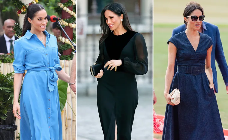 Meghan Markle in blue, black, and denim midi dresses at various events.