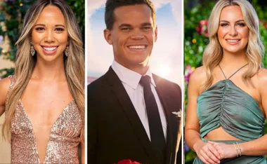Three people in formal attire from "The Bachelor Australia 2021" with two women in dresses and a man in a suit.
