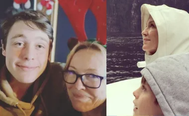 A woman with glasses and a young man smiling indoors; woman in a hood outdoors with a child by the water.