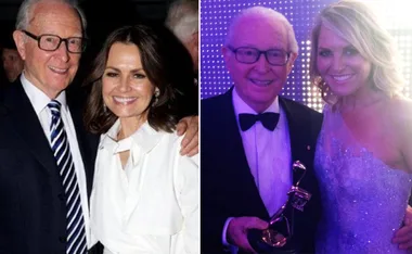 Elderly man in suit and glasses with two women at events; one has a Logie Award.