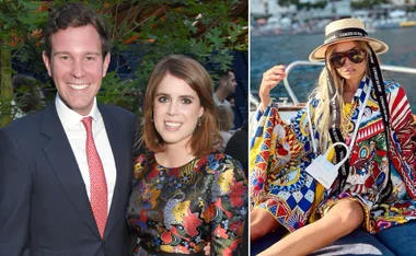 Smiling man and woman in colorful outfits on left; woman with hat and sunglasses on yacht in colorful attire on right.
