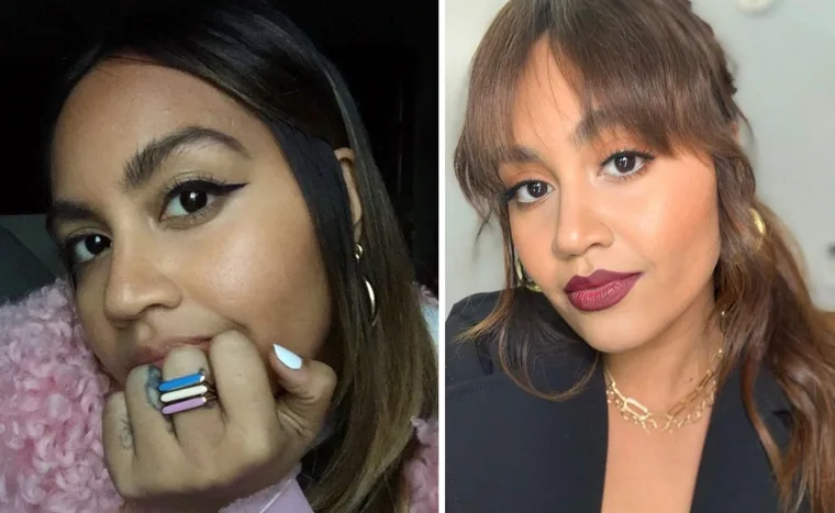 Jessica Mauboy in a beauty transformation, showcasing eyeliner and natural makeup; with bold lipstick and wavy hair.