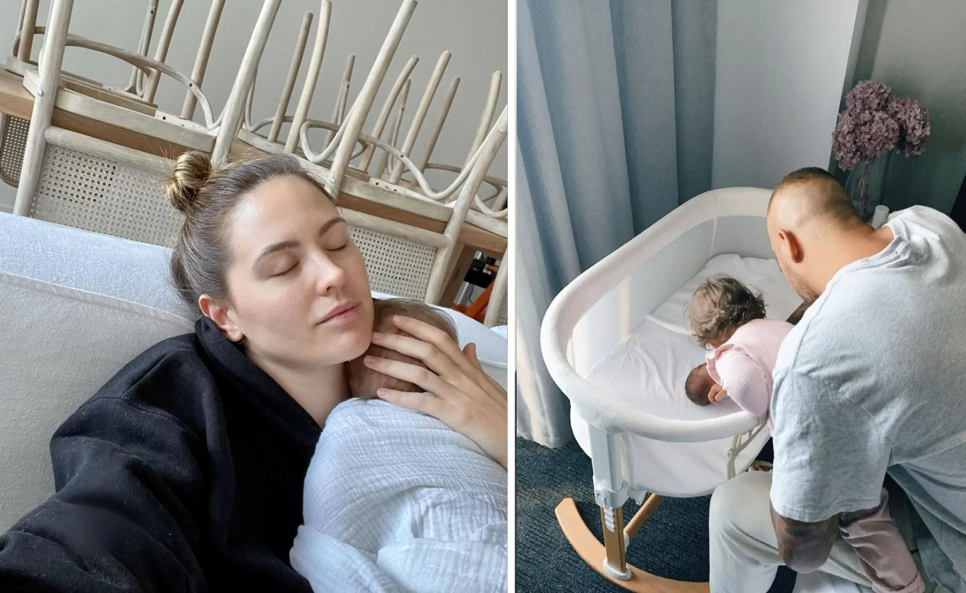 A woman is resting with a child, while a man gently places another child in a cradle.