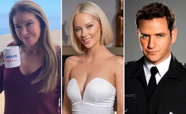 Three side-by-side portraits: person with mug, blonde in white dress, person in police uniform.